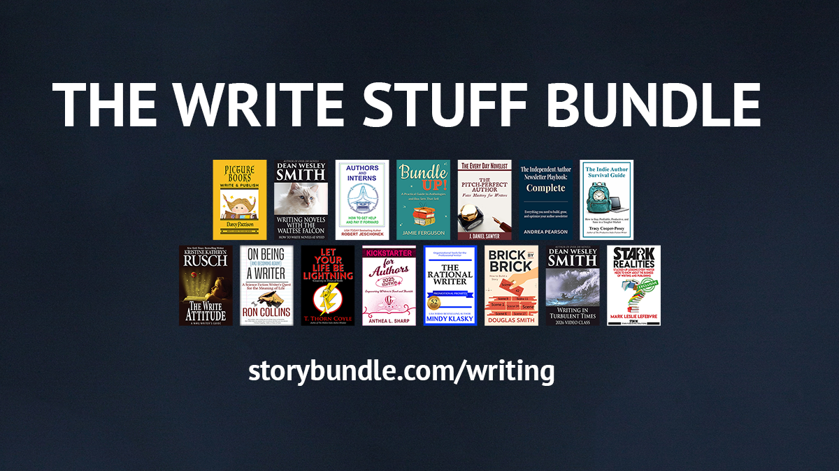 The Write Stuff Bundle: 15 exclusive books on writing and publishing, available at storybundle.com/writing. Cover montage showing all 15 books in the collection.
